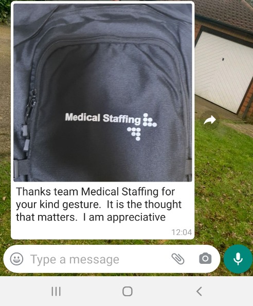 A thanks to the Medical Staffing team. WhatsApp message.